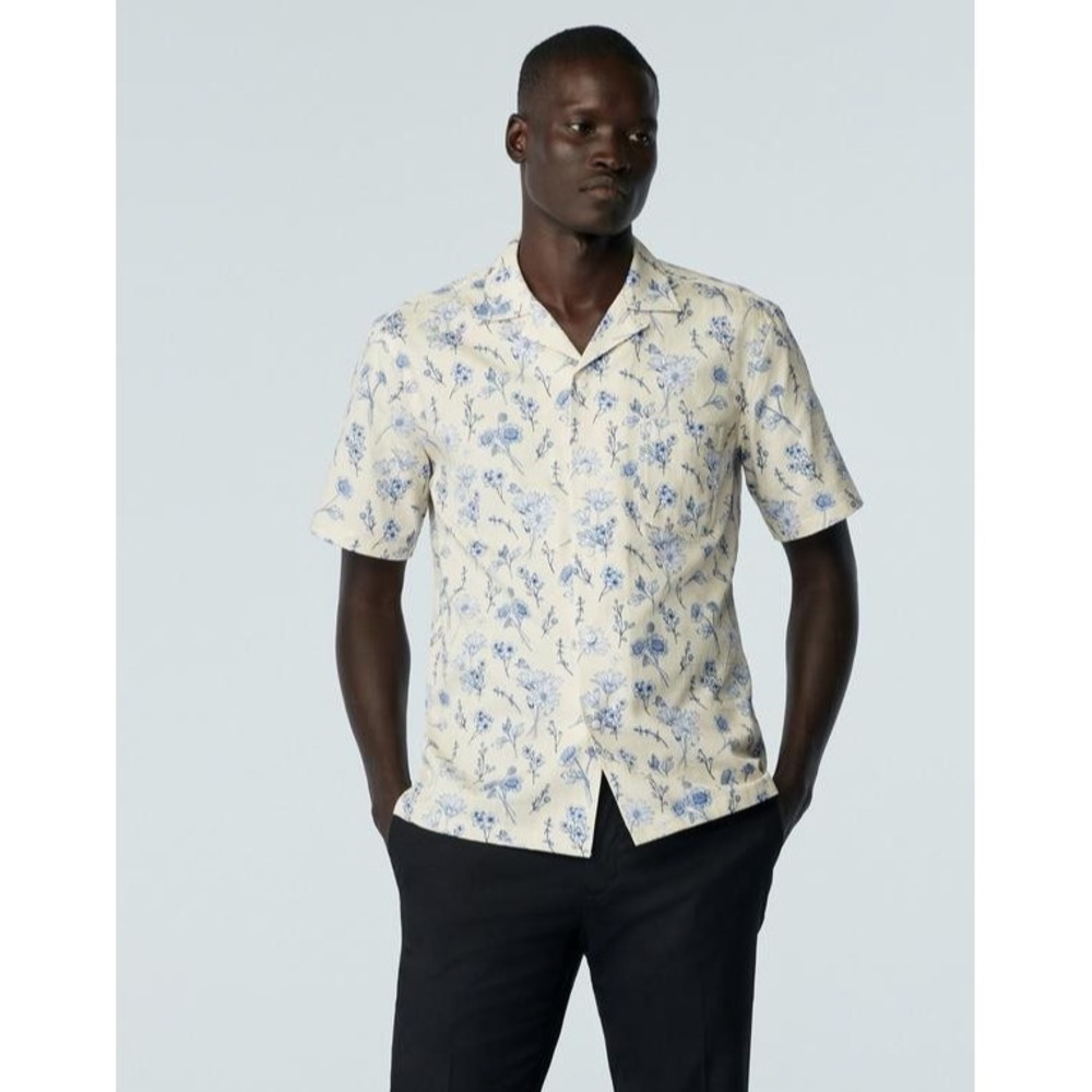 Indochino Langford Shirt Mens XL Ivory/Ink Short Sleeve Floral Print Camp Collar